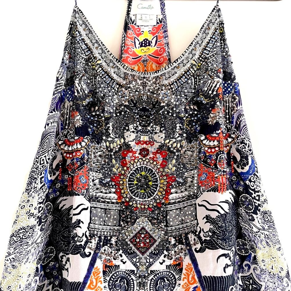 Camilla Shoestring Strap Embellished Silk Tank Top Size S - Picture 5 of 11